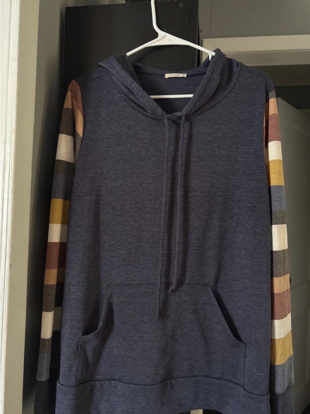 Women’s Luna Navy Hoodie with Multicolor Striped Sleeves - Casual Pullover